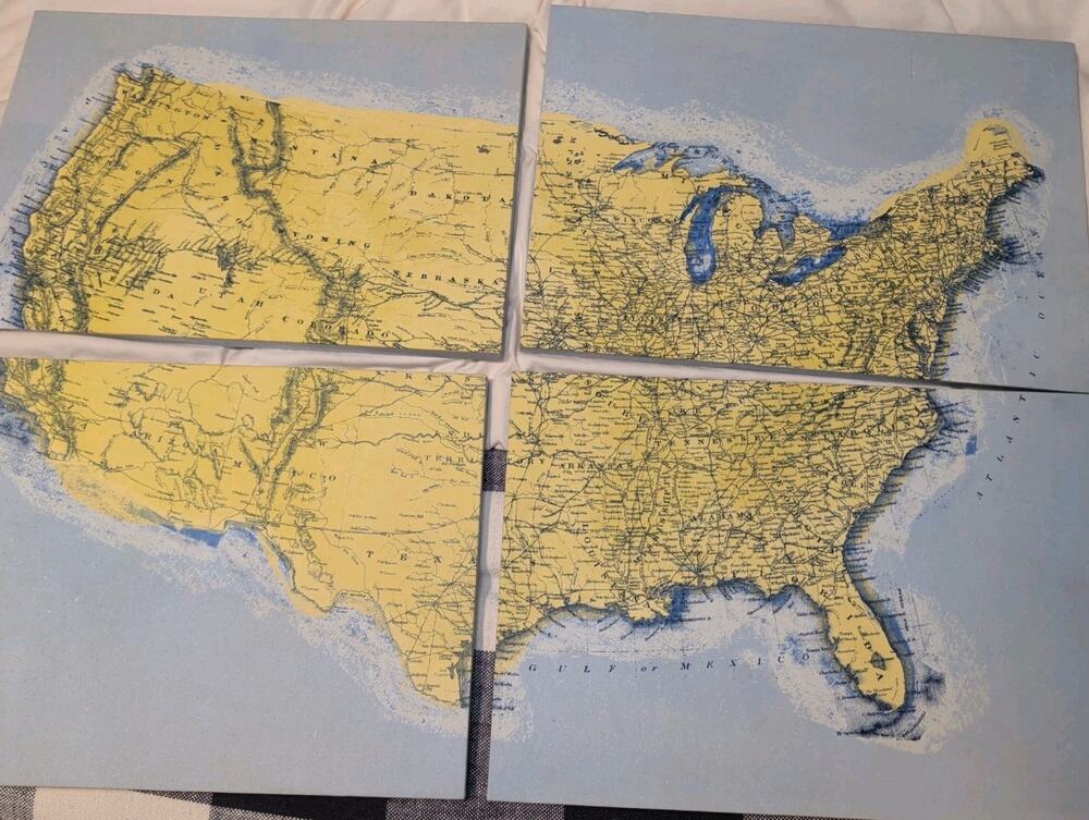 Pottery Barn Modular 4-Panel US Map Wall Art Large Vintage Style Wood Framed